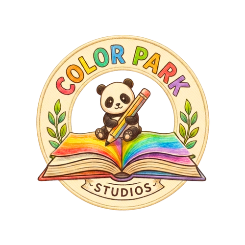 Logo of Color Park Studios with a panda holding a pencil and an open book on a white background